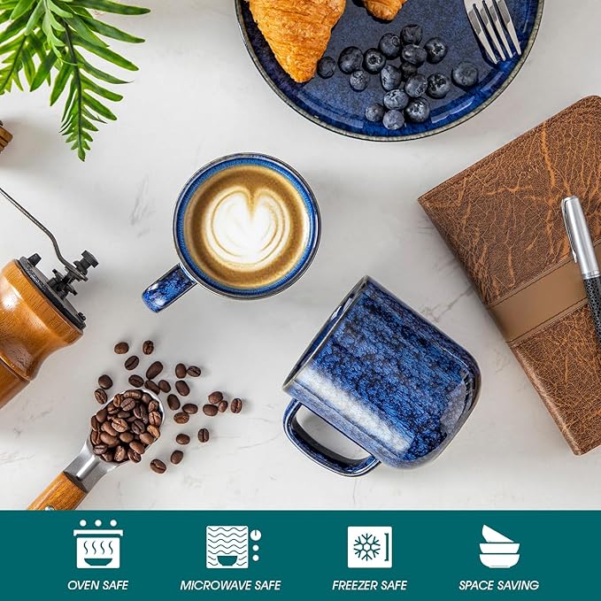 vancasso STARRY Coffee Mugs Set, 16 oz Ceramic Coffee Cups for Americano Hot Tea Iced Coffee Cold Brew Cocoa Milk Stoneware Mugs Set of 6, Dishwasher & Microwave Safe, Blue