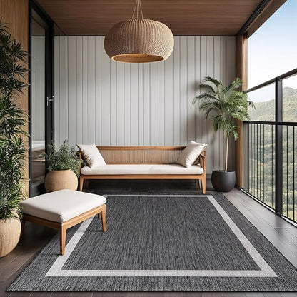 Bordered Outdoor Rug 6x9 Washable Outside Carpet for Indoor Patio Porch Waterproof Easy Cleaning Non Shedding Area Rugs Gray 6 x 9