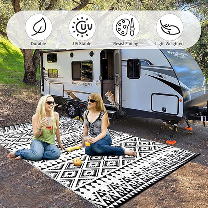Waterproof Outdoor Rug 8x10ft, Bohemia Reversible Plastic Straw Mat for Patio RV Deck Porch Backyard Balcony Camping Picnic Beach Indoor Outdoor Carpet, Black&White