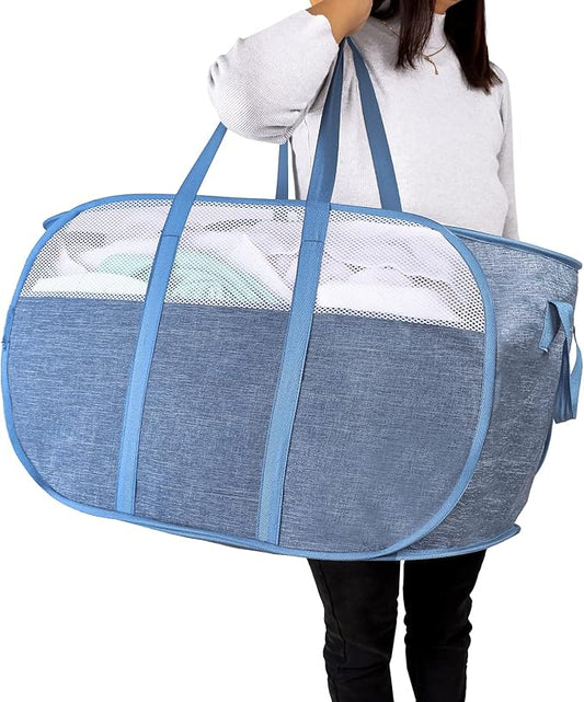 Pop Up Laundry Hamper，with Durable Handles collapsible laundry basket，Easy to Open and Fold for college Dorm,kids room，travel (Blue)…