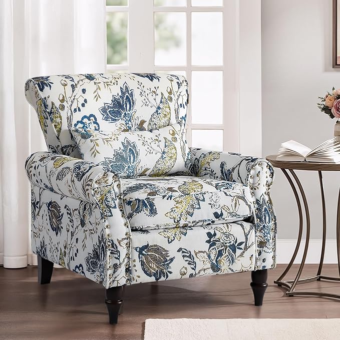 Wingback Accent Chair with Removable Pillow, High Back Floral Armchair with Solid Wood Legs & Nailhead Trim, Comfy Upholstered Reading Single Sofa Chair for Bedroom (1, Blue Floral Pattern)