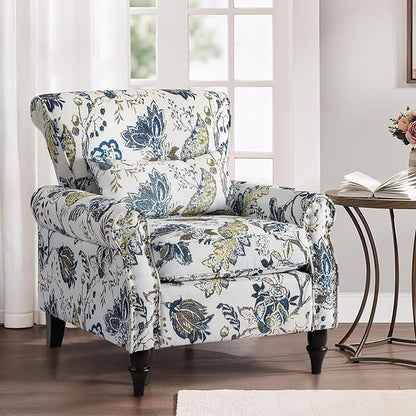 Wingback Accent Chair with Removable Pillow, High Back Floral Armchair with Solid Wood Legs & Nailhead Trim, Comfy Upholstered Reading Single Sofa Chair for Bedroom (1, Blue Floral Pattern)