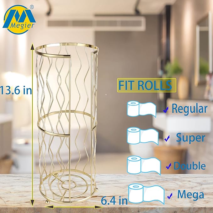 Decorative Metal Standing Toilet Tissue Holder for Bathroom/Powder Room, Compact Tissue Reserve for 3 Rolls of Toilet Paper Gold