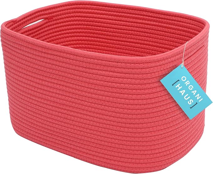 OrganiHaus Woven Storage Baskets for Organizing, Cotton Rope Organizer Bins for Shelves, Closet & Nursery, Dog Toy Basket, Decorative Bins for Toys, Towels & Books - 15x10x9, Red