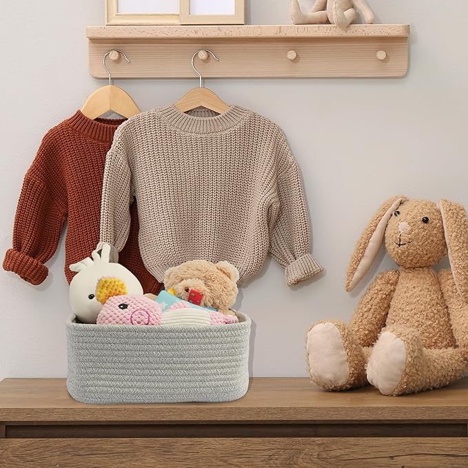 Small Woven Storage Baskets 13“X9”X5“ Decorative Rope Bins for Organizing Shelves, Closets, and Toys, Empty Gift Baskets, Cute Organizer Basket for Home and Office (grey, Large)