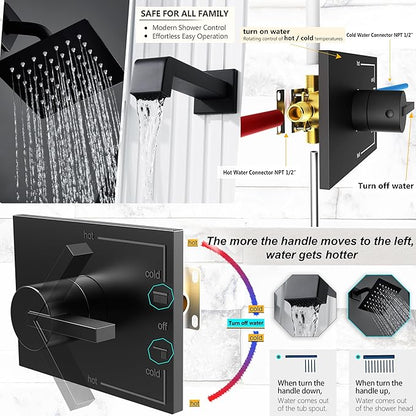 Shower Fixtures, Black Shower Faucet Set with 6 Inch Matte Black Shower Head and Tub Spout, Black Shower Head and Handle Set (Valve Included)