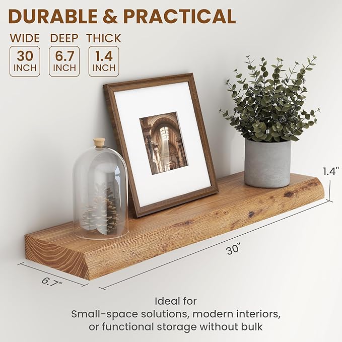 30" Floating Shelves, Live Edge Solid Elm Wood Floating Shelf, Wall Mounted Display Shelves with Heavy-Duty Bracket for Books, Rustic Wooden Shelf for Kitchen, Bathroom, Natural Color, Set of 2