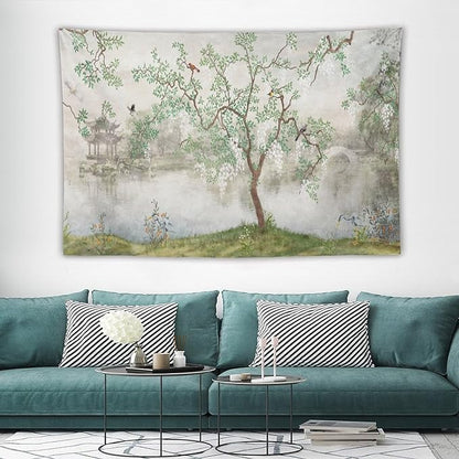 HZOHNAGO Japanese Tapestry Tree Misty Garden Lake Printed Wall Tapestry Ink Painting Wall Hanging for Bedroom Living Room Dorm 60" W x 40" H