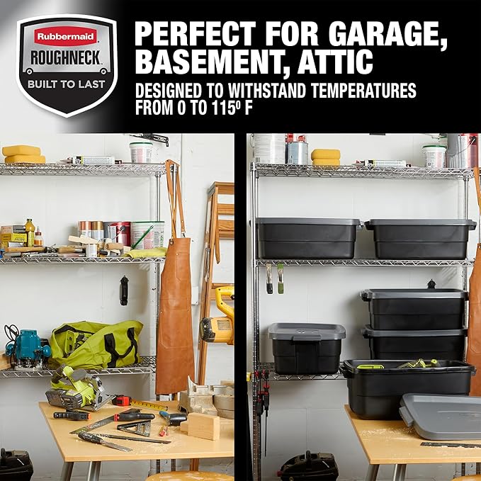 Rubbermaid Roughneck Tote 10 Gal, 6 Pack, Made in USA, Black & Gray, Rugged Plastic Stackable Storage Bins with Lids and Handles