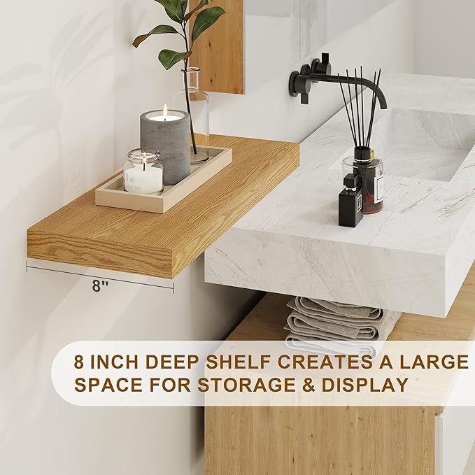 Fun Memories Floating Shelves 55 Inch Long, 8 Deep Floating Shelves for Wall, Large 55 x 8 Display Shelves for Living Room, Kitchen, Wood Deep Wall Shelves for Home Storage, Oak Color, 1 Pack