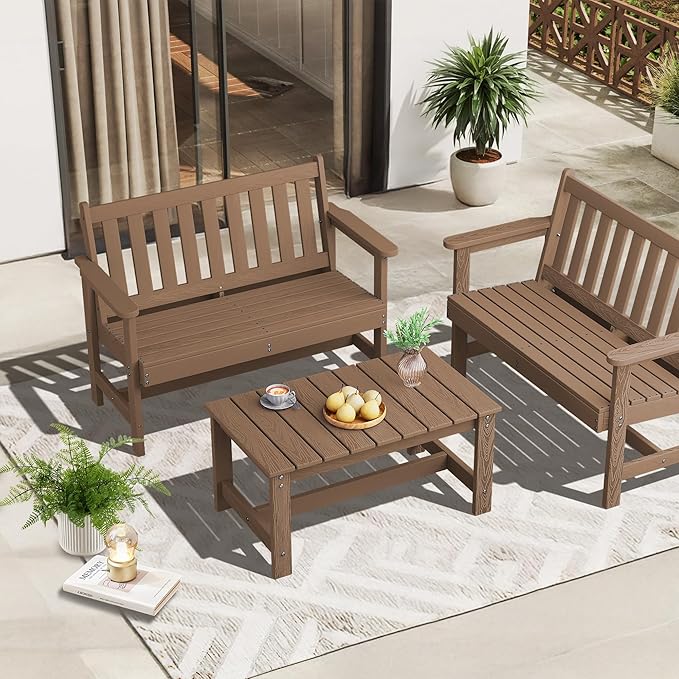 SERWALL Patio Coffee Table, HDPE Rectangle Outdoor Coffee Table, Brown