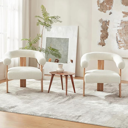 VKNOW Accent Chairs Set of 2, Modern Upholstered Living Room Chair Armchair with Solid Wood Legs, Comfy Barrel Arm Chairs for Living Room Bedroom, Cream