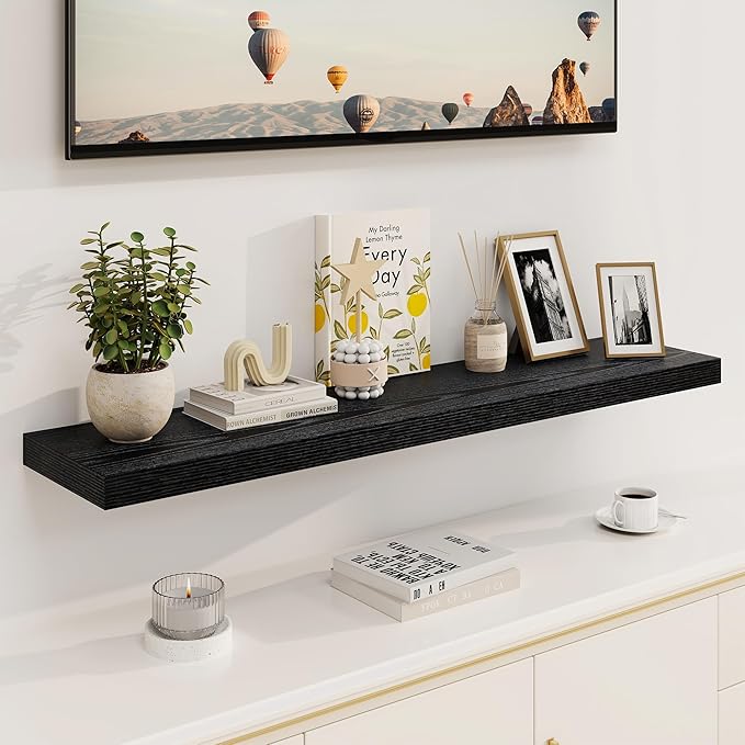 Black Floating Shelves 48 Inch Long, 8 Deep Floating Shelves for Wall, Rustic 48" Long Fireplace Mantel, Large 48 x 8 Wall Shelves for Bedroom, Living Room, Bathroom, Black Deep Shelves Set of 1