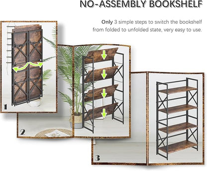 4NM 4 Tiers No Assembly Book Shelves, 41.3" H Folding Bookshelf Bookcase Open Industrial Foldable Shelves for Bedroom, Living Room, Home Office - Rustic Brown Black