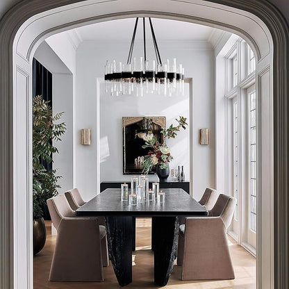 Round Black Glass Wagon Wheel Chandelier, Chandelier with Water Ripple Textured Recycled Clear Glass Piece, Modern Industrial Pendant Light with Metal Frame, Lighting Fixture for Living Room, Foyer