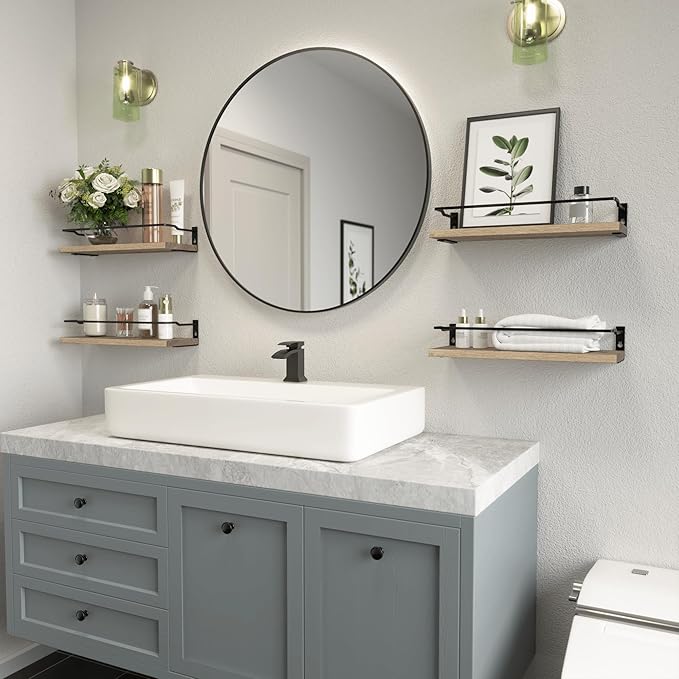 RICHER HOUSE 4-Piece Bathroom Paulownia Wood Shelves Set, Wall Mounted, Protected Guardrail, 20 lbs Weight Capacity - Carbonized Black