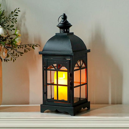 TRIROCKS Decorative Vintage Candle Lanterns 14.5" H Farmhouse Outdoor Hanging Lanterns with Tempered Glass for Porch, Balcony, Patio, Home, Centerpieces, Indoor, Outdoor(Black)