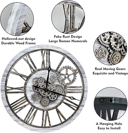 The B-Style Large Real Moving Gears Wall Clock 30 inch Rustic Retro Industrial Farmhouse Wood Clock Oversized Decorative Vintage Wall Clocks for Living Room (Gray White, 30 Inch/76CM)