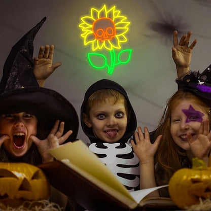 Sunflower Skull Neon Sign Wall Decor USB Powered Skeleton Head Halloween Neon Light Sign Dimmable Funny Halloween Day LED Sign for Trick or Treat Party Backdrop Bedroom Bar Man Cave