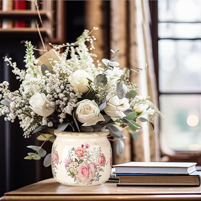 Vintage Planter Large Ceramic Plants Pot Beige Pink European Rose Ice Crack Cottage Scroll Vase Flower Vase Pot Indoor Plants Home Kitchen Decor Farmhouse Antique Decorative Gifts