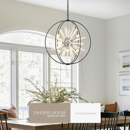 23.6" Black Chrome 12-Light Globe Sputnik Chandelier Modern Adjustable Hanging Ceiling Glass Tube Pendant Light Fixture for Entryway Foyer Staircase Dining Living Room Hallway