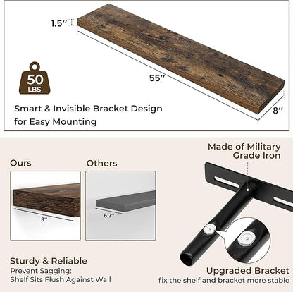 RICHFOCUS 55Inch Floating Shelves for Wall 2 Pack Shelves for Bedroom|Kitchen|Bathroom Wall Mounted Rustic Wood Floating Shelf with Invisible Brackets for Books|Storage|Decor, Rustic Brown