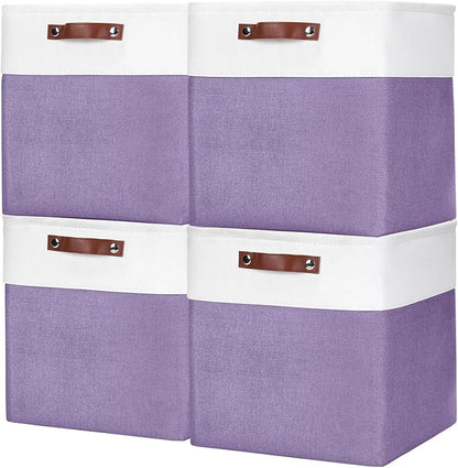 13x13 Cube Storage Bins, Collapsible Fabric Storage Box, 4 Pack Closet Baskets with Handles for Organizing, Shelf, Toys, Clothes, Home, Office, Nursery (Purple&White)