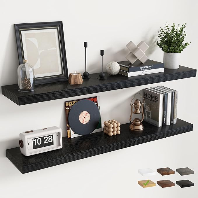 48 Inch Floating Shelves for Wall Set of 2, 8"D Wood Grain Bathroom Shelves with Invisible Brackets, Easy Install Engineered Wood Storage Shelves for Kitchen, Living Room, Bedroom, Black Finish