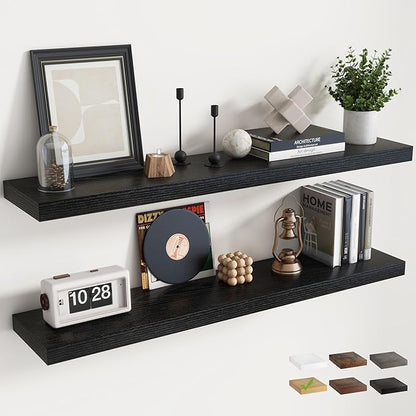 48 Inch Floating Shelves for Wall Set of 2, 8"D Wood Grain Bathroom Shelves with Invisible Brackets, Easy Install Engineered Wood Storage Shelves for Kitchen, Living Room, Bedroom, Black Finish