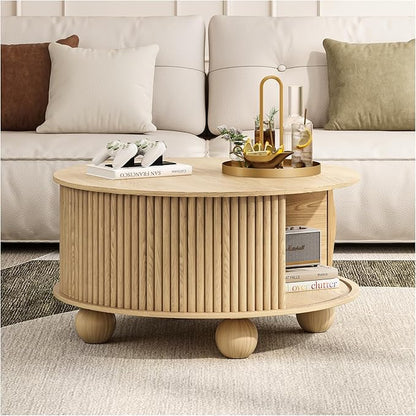 Round Coffee Table with Storage,Fluted Lift Up Coffee Table with Sliding Door,31.5" Drum Center Table with Bun Feet for Living Room,Home Small Space,Oak