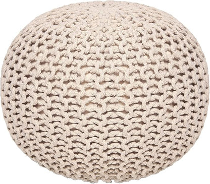 REDEARTH Round Pouf Ottoman - Cable Knitted Boho Poof - Home Décor Cord Pouffe Handmade Circular Footrest for Living Room - Bedroom - Kids Bedroom - 100% Cotton Pouf (18" x 18" x 14") - Ivory