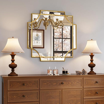 Kelly Miller Gold Framed Mirror for Wall, 26"x26" Gold Square Wall Mirror Vanity Mirror Decorative Mirror Beveled Wall Decor for Bathroom Powder Room Living Room Bedroom Bedside Table Entryway Hallway