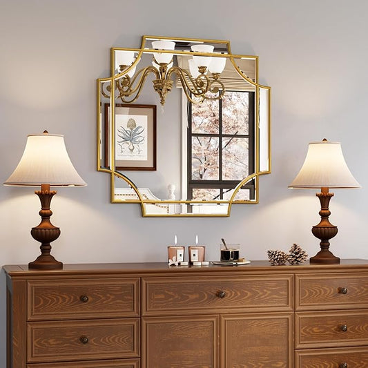 Kelly Miller Gold Framed Mirror for Wall, 26"x26" Gold Square Wall Mirror Vanity Mirror Decorative Mirror Beveled Wall Decor for Bathroom Powder Room Living Room Bedroom Bedside Table Entryway Hallway