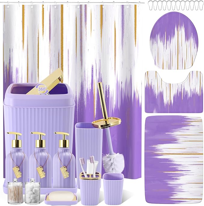 32PCS Bathroom Sets with Shower Curtain and Rugs-Purple Bathroom Accessories,Non Slip Bathroom Rugs Set with Toilet Lid Cover, Waterproof Shower Curtain, 3PC Soap Dispenser with Trash Can