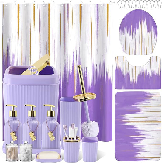 32PCS Bathroom Sets with Shower Curtain and Rugs-Purple Bathroom Accessories,Non Slip Bathroom Rugs Set with Toilet Lid Cover, Waterproof Shower Curtain, 3PC Soap Dispenser with Trash Can