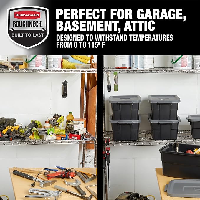 Rubbermaid Roughneck Tote 3 Gal, 6 Pack, Made in USA, Black & Gray, Rugged Plastic Stackable Storage Bins with Lids and Handles