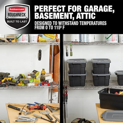 Rubbermaid Roughneck Tote 3 Gal, 6 Pack, Made in USA, Black & Gray, Rugged Plastic Stackable Storage Bins with Lids and Handles