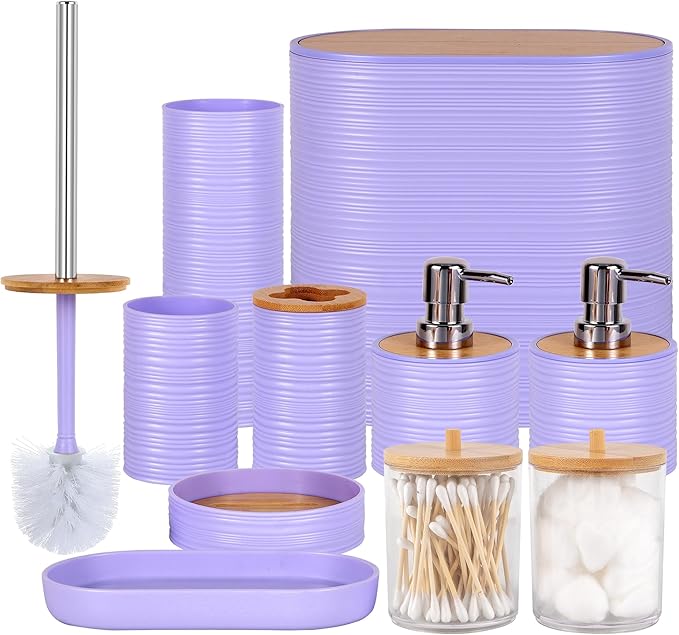 Bathroom Accessory Set,10 PCS Purple Bathroom Set with Trash Can,Toothbrush Holder,Soap Dispenser,Toothbrush Cup,Vanity Tray,Soap Dish,Toilet Brush,Qtip Holders