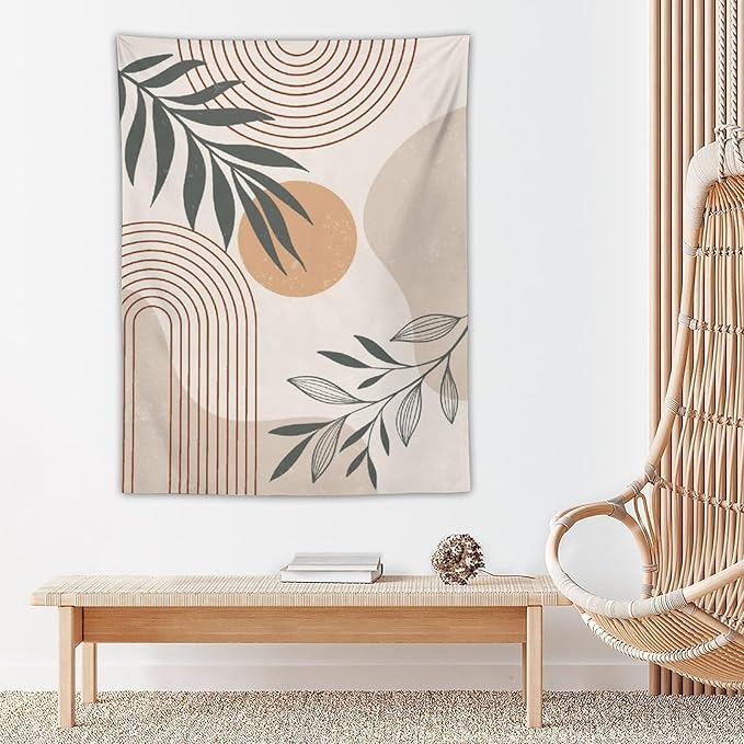 Abstract Boho Tapestry, Mid Century Tropical Tree Leaves Modern Geometric Arch Bohemian Botanical Tapestry, Home Aesthetic Wall Hanging Art Decor for Living Room Bedroom Dormitory 50x60 Inch