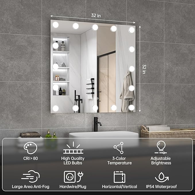 Hasipu LED Bathroom Mirror with Lights, 32" x 32" Hollywood Wall-Mounted Bathroom Mirror with 16 Dimmable Bulbs, 3 Colors Modes, Touch Control, Anti-Fog, Memory Function, Shatter-Proof, ETL Listed