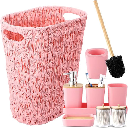 Bathroom Accessories Set with Wicker Trash Can, Pink Bathroom Accessories Pink Bathroom Sets Small Waste Basket Bathroom Trash Can for Bedroom Bathroom