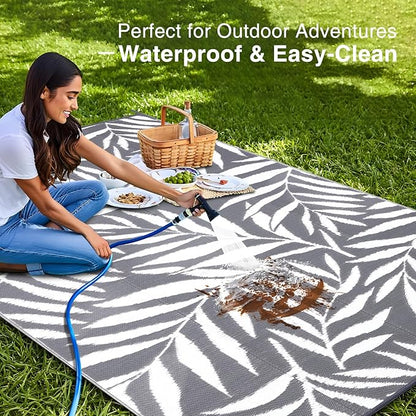 OLANLY Waterproof Outdoor Rug 9x12 ft, Reversible Outdoor Plastic Straw Rug with Leaf Pattern, RV Mat, Indoor Outdoor Carpet for Patio, Camping, Balcony, Deck, Backyard, Grey & White