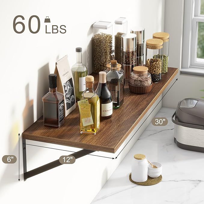 12 Inch Deep Floating Shelves, 30W x 12D Wall Shelves with Brackets, Walnut Floating Shelves 30 Inch Long, Rustic Wood Wall Shelf, Wide Storage Display Shelf for Kitchek, Living Room, Bathroom