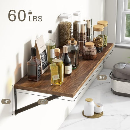 12 Inch Deep Floating Shelves, 30W x 12D Wall Shelves with Brackets, Walnut Floating Shelves 30 Inch Long, Rustic Wood Wall Shelf, Wide Storage Display Shelf for Kitchek, Living Room, Bathroom