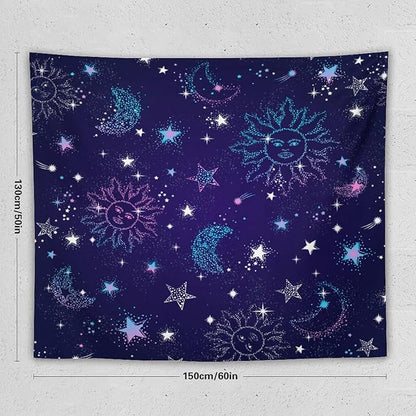 HZOHNAGO Boho Sun Moon Tapestry Purple Blue Sun Stars Galaxy Pattern Printed Wall Tapestry Wall Hanging for Bedroom Living Room Dorm 60" W x 50" H