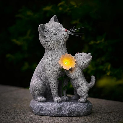 Solar Cat Garden Statue Outdoor Decor - Mother & Kitten Figurines with Flower LED Light, Outside Yard Art Patio Balcony Lawn Ornament, Unique Gifts for Cat Lover