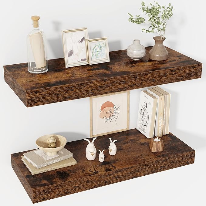 30 Inch Floating Shelves, 12" Deep Floating Shelf Wall Mounted, 30" Wall Shelves, Rustic Deep Bookshelf, Extra Deeper & Thicker Display Shelves for Bedroom, Living Room, Brown, Set of 2