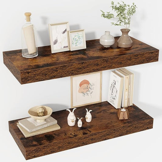 30 Inch Floating Shelves, 12" Deep Floating Shelf Wall Mounted, 30" Wall Shelves, Rustic Deep Bookshelf, Extra Deeper & Thicker Display Shelves for Bedroom, Living Room, Brown, Set of 2