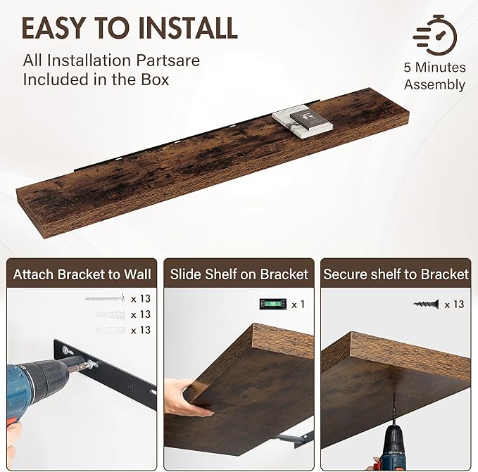 72 Inch Floating Shelves, 12" Deep Floating Shelf Wall Mounted, 72" Wall Shelves, Rustic Deep Bookshelf, Extra Deeper & Thicker Display Shelves for Bedroom, Living Room, Brown, Set of 1