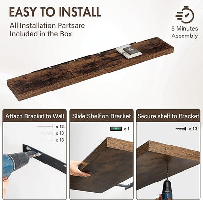 72 Inch Floating Shelves, 12" Deep Floating Shelf Wall Mounted, 72" Wall Shelves, Rustic Deep Bookshelf, Extra Deeper & Thicker Display Shelves for Bedroom, Living Room, Brown, Set of 1